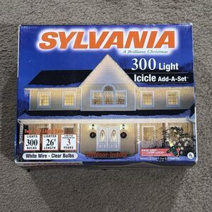 Sylvania Add-A-Set 300 Icicle Christmas Lights Clear Bulbs 29’ White Wire New